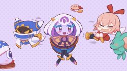  2girls blush_stickers colored_skin commentary_request elfilin fairy fairy_wings gloves highres kirby kirby_(series) kirby_and_the_world_beyond leon0510 looking_at_another magolor marx_(kirby) multiple_girls mysterious_girl_(kirby_and_the_world_beyond) open_mouth pink_hair purple_background purple_hair purple_skin rayman_limbs red_ribbon ribbon ribbon_(kirby) tug_of_war white_hair wings yellow_eyes yellow_gloves 