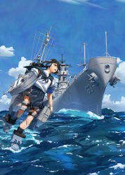  1girl absurdres adapted_turret black_hair cannon fubuki_(kancolle) headphones highres kantai_collection long_hair low_ponytail military_vehicle open_mouth outdoors ponytail rigging school_uniform serafuku ship ship_turret short_ponytail sidelocks skirt sky smile standing standing_on_liquid torpedo_launcher torpedo_tubes warship water watercraft ye_fan 