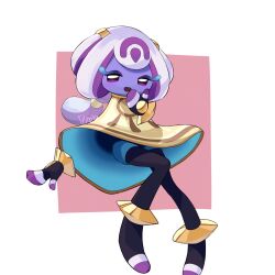  1girl artist_name black_gloves black_pantyhose blue_shorts blush cloak colored_skin commentary fingerless_gloves full_body gloves gold hair_ornament half-closed_eyes hand_to_own_mouth hand_up happy highres invisible_chair kirby_(series) kirby_and_the_world_beyond knees_together_feet_apart light_blush long_hair looking_at_viewer multicolored_hair mysterious_girl_(kirby_and_the_world_beyond) open_mouth pantyhose pink_background ponytail potoio purple_hair purple_skin rayman_limbs short_shorts shorts sidelocks signature simple_background sitting smile solo toeless_legwear two-sided_cloak two-sided_fabric two-tone_background two-tone_hair violet_eyes white_hair yellow_cloak 