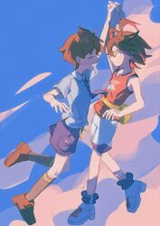  2boys arm_up bag brown_hair brown_shoes closed_eyes collared_shirt commentary_request day fanny_pack florian_(pokemon) from_side highres holding_hands kieran_(pokemon) looking_at_another male_focus multiple_boys necktie open_mouth outdoors pokemon pokemon_scarlet_and_violet print_shirt qianzhi_(akv31dh8ypasgvx) red_shirt shirt shoes short_hair shorts sleeveless sleeveless_shirt smile socks yellow_bag 