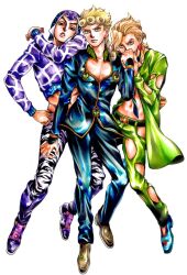  3boys animal_print argyle_clothes argyle_hat argyle_sweater batooo_j belt black_belt blonde_hair blue_jacket blue_necktie blue_pants blue_shoes boots braid brown_shoes bug closed_mouth commentary_request covering_another's_mouth earrings food-themed_earrings food_print fruit_print full_body giorno_giovanna green_eyes green_jacket green_pants guido_mista hand_over_another's_mouth hat highres jacket jewelry jojo_no_kimyou_na_bouken ladybug ladybug_ornament lips looking_at_viewer male_focus medium_hair midriff multiple_boys navel necktie pannacotta_fugo pants purple_boots purple_hat purple_shirt purple_sweater shirt shoes simple_background strawberry_earrings strawberry_print striped_clothes striped_pants sweater teeth tiger_print vento_aureo victory_rolls white_background 