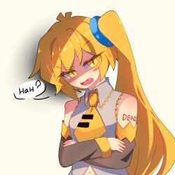  1girl ahoge akita_neru arm_tattoo bare_shoulders black_sleeves blonde_hair collared_shirt crossed_arms detached_sleeves fang grey_shirt highres long_hair midriff navel necktie open_mouth ponytail raised_eyebrow saw_art06 shaded_face shirt slit_pupils solo speech_bubble tattoo tie_clip upper_body vocaloid white_background yellow_eyes yellow_necktie 