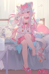  1girl absurdres animal_ears blush cat_ears cat_girl cat_tail chinese_commentary commentary_request copyright_request dress highres indoors looking_at_viewer mask mask_on_head on_bed one_eye_closed sitting sleep_mask solo tagme tail teketi white_dress 