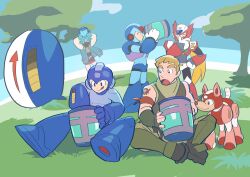  1girl 4boys ^_^ arm_cannon blonde_hair blue_eyes blue_helmet character_request closed_eyes commentary_request creature day fortnite full_body gloves green_shirt helmet highres jonesy_(fortnite) long_hair mask mega_man_(character) mega_man_(classic) mega_man_(series) mega_man_x_(series) multiple_boys non-humanoid_robot one_eye_closed outdoors pokefia robot robot_animal robot_dog rush_(mega_man) shin_guards shirt short_hair sitting sleeveless sleeveless_shirt tree very_long_hair weapon white_gloves x_(mega_man) zero_(mega_man) 