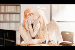  1boy 1girl angel angel_wings black-framed_eyewear black_necktie blonde_hair body_writing book bookshelf chair closed_eyes collared_shirt computer couple degrees_of_lewdity feathered_wings glasses hair_ribbon halo hand_on_another's_face hands_on_another's_waist hetero high_ponytail highres holding holding_marker indoors kiss kissing_cheek long_hair long_sleeves looking_at_another marker mole mole_under_mouth necktie one_eye_closed orange_hair parted_bangs pen pink_ribbon player_character_(degrees_of_lewdity) player_character_(female)_(degrees_of_lewdity) ponytail profile ribbon school_uniform shirt sidelighting sidelocks sinner_o0 sitting smile sydney_(degrees_of_lewdity) sydney_(male)_(degrees_of_lewdity) table traditional_halo upper_body wavy_hair white_halo white_shirt wings yellow_eyes 