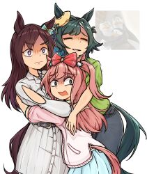  3girls agnes_digital_(casual)_(umamusume) agnes_digital_(umamusume) animal_ears arm_cutout black_pants blue_skirt bow brown_hair closed_eyes clothing_cutout ear_bow green_hair green_shirt grey_shirt grey_skirt hair_bow highres horse_ears horse_girl hug jacket kiseki_(casual)_(umamusume) kiseki_(umamusume) long_hair mejiro_dober_(casual)_(umamusume) mejiro_dober_(umamusume) multiple_girls open_mouth pants pink_hair pink_jacket reference_inset shaded_face shirt skirt the_penguins_of_madagascar thomaresu umamusume violet_eyes 