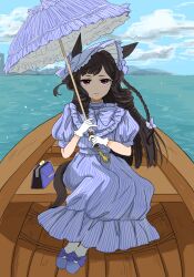  1girl animal_ears bag blue_bag blue_bonnet blue_bow blue_dress blue_shoes boat bonnet bow braid brown_hair closed_mouth clutch_purse commentary_request daiichi_ruby_(umamusume) dress drill_hair footwear_bow frilled_umbrella frills gloves handbag highres holding holding_umbrella horse_ears horse_girl horse_tail inaho_soji long_hair looking_at_viewer on_boat parasol pink_eyes puffy_short_sleeves puffy_sleeves rowboat shade shoes short_sleeves side_drill sitting striped_clothes striped_dress swept_bangs tail twin_drills umamusume umbrella vertical-striped_clothes vertical-striped_dress water watercraft white_gloves 