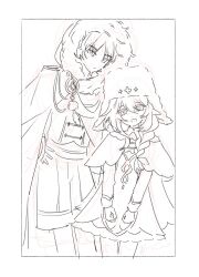  1boy 1girl absurdres arm_at_side braid_over_shoulder cape clenched_hands cloak closed_mouth commentary_request cross-shaped_pupils dress feathers fur-trimmed_cloak fur-trimmed_hood fur_trim gem genshin_impact greyscale hand_on_own_hip hat height_difference highres hood hood_up hooded_cloak how_tosleep korean_commentary long_hair long_sleeves looking_at_viewer monochrome nahida_(genshin_impact) nahida_(nord_express)_(genshin_impact) official_alternate_costume official_alternate_hairstyle open_mouth parted_bangs pointy_ears pom_pom_(clothes) scaramouche_(genshin_impact) shirt short_dress shorts sidelocks sketch symbol-shaped_pupils tsurime ushanka wanderer_(genshin_impact) wanderer_(nord_express)_(genshin_impact) winter_clothes 