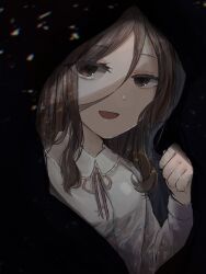  1girl brown_eyes brown_hair commentary_request dark_background gamo_tako highres hitokouji_kanoe long_hair mahou_shoujo_ikusei_keikaku mahou_shoujo_ikusei_keikaku_restart open_mouth red_ribbon ribbon shirt smile white_shirt 
