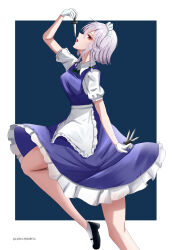  1girl absurdres apron autobaan between_fingers black_shoes blue_dress blue_eyes bow braid collared_shirt commentary_request dress frilled_dress frills gloves green_bow grey_hair hair_bow highres holding holding_knife izayoi_sakuya knife knives_between_fingers leg_up long_hair looking_at_viewer maid maid_headdress mary_janes open_mouth pinafore_dress puffy_short_sleeves puffy_sleeves shirt shoes short_sleeves sleeveless sleeveless_dress socks solo touhou twin_braids twitter_username waist_apron white_apron white_gloves white_shirt white_socks 