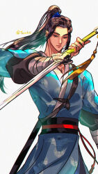  1boy all_wishes_come_true! animal_print arm_wrap bird_print black_hair black_pants black_sash blue_hanfu chinese_clothes closed_mouth commentary_request cowboy_shot hand_up hanfu high_ponytail highres holding holding_sword holding_weapon long_hair long_sleeves looking_at_viewer lv_dongbin_(all_wishes_come_true!) male_focus pants ponytail red_sash sash sheath shoulder_strap sidelocks simple_background solo standing sword sword_on_back sword_tassel tassel torikii_art twitter_username weapon weapon_on_back weapon_tassel white_background yaopei 
