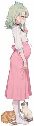  1girl absurdres bandaid bandaid_hair_ornament black_necktie blush breasts cat closed_mouth collared_shirt commentary_request covered_navel dress from_side green_hair hair_ornament hairclip highres korean_commentary long_skirt mouse_(animal) necktie pregnant shirt short_hair shy simple_background skirt small_breasts socks solo standing stomach sunna_(zenless_zone_zero) white_background white_shirt zenless_zone_zero 
