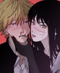  1boy 1girl black_hair black_jacket blonde_hair blood blood_on_face blush brown_eyes chainsaw_man collared_shirt cross_scar denji_(chainsaw_man) fourth_east_high_school_uniform gakuran hair_between_eyes hand_on_another's_face jacket long_hair lower_teeth_only nosebleed open_clothes open_jacket red_background ringed_eyes sawgak scar scar_on_cheek scar_on_face school_uniform sharp_teeth shirt short_hair simple_background teeth tongue tongue_out white_shirt yellow_eyes yoru_(chainsaw_man) 