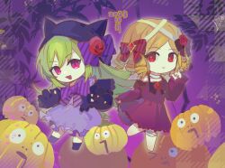  2girls :d abstract_background alternate_costume animal_hands animal_hat bandages barefoot blue_bow bow branch bright_pupils cat_hat charlotte_(witch's_heart) chibi chibi_only choker claw_pose clenched_hand commentary dated dress flower frilled_dress frills gloves glowing green_hair hair_bow halloween halloween_costume hat highres holding holding_own_dress lime_(witch's_heart) long_hair looking_at_viewer medium_hair multiple_girls off_shoulder orange_hair paw_gloves pink_eyes pumpkin purple_background purple_bow purple_dress queqiaoxianren red_bow red_dress red_eyes red_flower red_rose ringlets rose silk slit_pupils smile socks spider_web spiky_hair standing standing_on_one_leg untranslatable_commentary very_long_hair white_choker white_pupils witch's_heart 