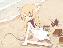  1girl :d ^_^ animal_ear_fluff backless_dress backless_outfit bare_arms bare_shoulders barefoot beach black_sailor_collar blonde_hair brown_sandals closed_eyes commentary_request day dirty dirty_feet dress facing_viewer full_body hair_between_eyes heart long_hair lowres original outdoors sailor_collar sailor_dress sand sand_writing sandals sleeveless sleeveless_dress smile solo unfinished unworn_sandals waka_(yuuhagi_(amaretto-no-natsu)) water watermark white_dress yuuhagi_(amaretto-no-natsu) 
