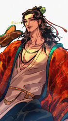  1boy all_wishes_come_true! black_hair black_pants blue_trim brown_eyes chinese_clothes coat collarbone commentary_request facial_hair flame_print hair_bun hair_ornament hair_ribbon half_updo hand_fan hanfu highres holding holding_fan jewelry leaf_fan leaf_hair_ornament long_hair long_sleeves looking_at_viewer male_focus mustache_stubble necklace open_clothes open_coat orange_sash pants parted_lips pectoral_cleavage pectorals print_robe red_coat red_ribbon ribbon robe sash simple_background single_hair_bun sitting smile solo stubble tassel tassel_hair_ornament torikii_art twitter_username white_background white_hanfu zhongli_quan_(all_wishes_come_true!) 