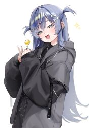  1girl black_hoodie black_nails black_shirt blue_eyes blue_hair bone_hair_ornament candy chain chain_earrings chain_necklace commentary dress_shirt earrings fang food from_side green_eyes hair_ornament hairclip hands_up highres holding holding_candy holding_food holding_lollipop hood hood_down hoodie jewelry lollipop long_hair long_sleeves looking_at_viewer multicolored_eyes multiple_earrings nakony necklace open_mouth pink_eyes print_shirt ring shirt sidelocks simple_background skin_fang sleeves_past_wrists smile solo torn_clothes two_side_up upper_body v very_long_hair virtual_youtuber vspo! white_background yano_kuromu 