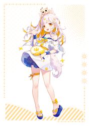  1girl absurdres animal_ears animal_on_head border braid commentary_request dog dog_ears dog_girl dog_on_head dog_tail facial_mark full_body highres indie_virtual_youtuber konishi_koni long_hair looking_at_viewer nail_polish on_head open_mouth orange_eyes sandals single_braid solo strap_slip tail thigh_strap toenail_polish toenails virtual_youtuber w2398510474 white_border yellow_nails 