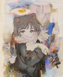  ._. 1girl abstract_background absurdres animal animal_ears black_jacket bright_pupils cat cat_ears ciel_(paradis47) closed_mouth commentary dated_commentary egg_(food) film_grain food food_on_head fried_egg fringe_trim grey_eyes grey_hair highres holding holding_animal holding_cat jacket long_sleeves looking_at_viewer muted_colors no_nose object_on_head original painterly scarf short_hair signature solo turning_head untranslatable_commentary upper_body white_cat white_pupils white_scarf 