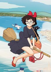  1girl absurdres aged_up animal_on_shoulder bag bird black-framed_eyewear black_cat black_dress black_eyes black_hair blue_sky blush_stickers bob_cut bow breasts broom broom_riding brown_bag cat cat_on_shoulder clouds collarbone dress flying full_body glasses hair_ribbon hairband highres hill jiji_(majo_no_takkyuubin) keetydraws kiki_(majo_no_takkyuubin) looking_to_the_side majo_no_takkyuubin messenger_bag ocean radio rectangular_eyewear red_bow red_hairband red_ribbon red_shoes ribbon seagull shoes short_hair shoulder_bag sky small_breasts solo town wind 