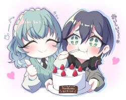  +_+ 2girls aqua_hair aqua_sweater_vest birthday black_hair black_hoodie black_necktie blue_outline blush cake closed_eyes commentary_request eating feeding food fruit gea80422 hairband happy_birthday haraga_kurumi headphones headphones_around_neck heart highres holding holding_plate hood hood_down hoodie kimi_no_koto_ga_dai_dai_dai_dai_daisuki_na_100-nin_no_kanojo multiple_girls necktie nemui_nemu ohananomitsu_high_school_uniform ohananomitsu_middle_school_uniform outline plate school_uniform short_hair simple_background smile strawberry sweater_vest thumbs_up thumbs_up_emoji upper_body utensil_in_mouth white_background white_hairband zzz 