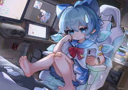  1girl absurdres ahoge bandaid bandaid_on_knee bandaid_on_leg barefoot blue_bow blue_eyes blue_hair blue_sailor_collar blue_skirt blush bow can cellphone chair chinese_commentary cirno cirno_day closed_mouth commentary_request computer_keyboard desk detached_wings drawing_tablet drink_can gaming_chair hair_between_eyes hair_bow hair_ornament highres holding holding_phone hxj_(2324184595) ice ice_wings indoors large_variant_set looking_at_viewer mary_janes medium_hair monitor on_chair phone pointy_ears sailor_collar shirt shoes sitting skirt smartphone smile socks soles solo swivel_chair toes touhou unworn_socks variant_set watch watch white_shirt white_socks wings 