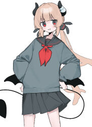  1girl alternate_costume black_sailor_collar black_skirt black_wings blunt_bangs blush cowboy_shot demon_girl demon_horns demon_tail demon_wings e3a_eg floating_hair grey_shirt grey_skirt grey_sweater hair_ornament hands_on_own_hips horns long_hair long_sleeves looking_at_viewer low_twintails low_wings natori_sana natori_sana_(devil_natori) neckerchief pleated_skirt puffy_long_sleeves puffy_sleeves rabbit_hair_ornament red_eyes red_neckerchief sailor_collar sana_channel school_uniform serafuku shirt simple_background skirt smile solo standing sweater tail twintails white_background wings 