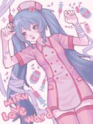  1girl absurdres alternate_costume bandage_on_hair bandaged_arm bandages bandaid bandaid_on_arm blue_eyes blue_hair blush breasts cowboy_shot cross_hat_ornament dress hat hatsune_miku highres holding holding_syringe koiiro_byoutou_(vocaloid) looking_to_the_side mi0mk nurse nurse_cap open_mouth pill pill_bottle pink_dress pink_thighhighs small_breasts solo song_name sparkle syringe thigh-highs twintails vocaloid 