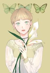  1girl blonde_hair blue_eyes brown_background bug butterfly calla_lily choker colored_eyelashes earrings english_commentary flower green_butterfly jewelry let_ink looking_at_viewer open_mouth pale_skin pink_lips pixie_cut re-blooming short_hair solo upper_body very_short_hair 