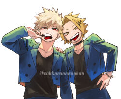  2boys :d alternate_costume arm_at_side bakugou_katsuki black_choker black_shirt black_streaks blonde_hair blue_jacket blue_pants boku_no_hero_academia bracelet buttons choker collarbone commentary_request cropped_jacket curtained_hair dkyoudai earrings eyebrows_hidden_by_hair hair_between_eyes hand_on_another's_shoulder hand_on_own_hip hand_up head_tilt headset jacket jewelry kaminari_denki lapels leaning_to_the_side long_sleeves looking_at_viewer male_focus matching_outfits multicolored_hair multiple_boys notched_lapels official_alternate_costume open_clothes open_jacket open_mouth orange_jacket pants partial_commentary pectoral_cleavage pectorals red_eyes shirt short_eyebrows short_hair side-by-side simple_background smile spiky_hair straight-on streaked_hair t-shirt teeth tongue tongue_out tsurime twitter_username two-sided_fabric two-sided_jacket upper_body upper_teeth_only white_background yellow_eyes yellow_jacket 