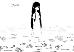  1girl antenna_hair barefoot black_eyes black_hair crumpled_paper dress highres long_hair mari_(omori) omari_(omori) omariau omori omoriboy sheet_music white_background white_dress 