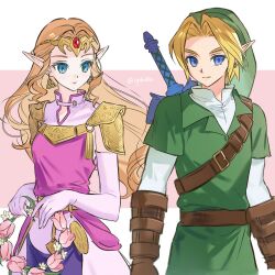  1boy 1girl armor artist_name belt blonde_hair blue_eyes brown_belt brown_gloves circlet closed_mouth commentary_request cowboy_shot dress earrings elbow_gloves flower_wreath gem gloves green_hat hat highres holding holding_wreath jewelry link long_hair looking_at_viewer master_sword opleillle orange_hair pink_dress pink_gloves pointy_ears princess_zelda red_gem short_hair shoulder_armor shoulder_belt sword sword_on_back the_legend_of_zelda the_legend_of_zelda:_ocarina_of_time triforce twitter_username weapon weapon_on_back 