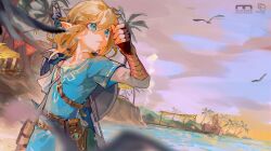  1boy belt bird black_gloves blue_eyes blue_tunic bow_(weapon) brown_belt brown_hair champion's_tunic_(zelda) chinese_commentary commentary_request day dutch_angle earrings fingerless_gloves gloves hand_up highres in-universe_location jewelry kuroyishi_raiko layered_sleeves link long_sleeves looking_up magicleaders male_focus master_sword medium_hair ocean outdoors palm_tree parted_lips pennant people pointy_ears round_shield seagull sheikah_slate shield shield_on_back ship shirt shore short_over_long_sleeves short_sleeves sky standing string_of_flags sword sword_on_back the_legend_of_zelda the_legend_of_zelda:_breath_of_the_wild tree tunic upper_body village watercraft weapon weapon_on_back white_shirt 