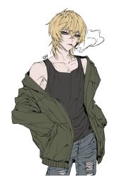 1boy absurdres black_tank_top cigarette cowboy_shot green_jacket grey_pants hair_between_eyes hands_in_pockets highres jacket kshwan181 looking_at_viewer medium_hair open_clothes open_jacket pants signature simple_background slow_damage smoke smoke_trail smoking solo tank_top torn_clothes torn_pants towa_(slow_damage) white_background yellow_eyes 