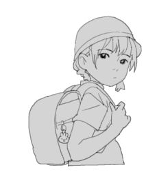  1girl backpack bag bag_charm charm_(object) child closed_mouth cropped_torso expressionless from_side gosari_draw greyscale hand_up hat holding_strap looking_at_viewer looking_back looking_to_the_side monochrome original randoseru school_hat shirt short_hair short_sleeves short_twintails simple_background solo twintails upper_body white_background 