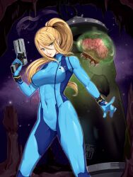  1girl 1other aqua_eyes battle_damage blonde_hair blue_bodysuit bodysuit breasts broken commentary covered_abs covered_navel eightyfourart english_commentary eyelashes feet_out_of_frame floating gun hair_tie head_tilt high_ponytail highres holding holding_gun holding_weapon impossible_bodysuit impossible_clothes index_finger_raised large_breasts legs_apart long_hair looking_to_the_side metroid metroid_(creature) metroid_larva mole mole_under_mouth multicolored_bodysuit night outdoors paralyzer parted_lips ponytail samus_aran sideways_glance skin_tight sky smoke smoking_barrel standing star_(sky) weapon zero_suit 