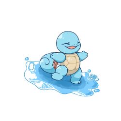  closed_eyes commentary_request full_body happy no_humans nostrils open_mouth outstretched_arms pokemon pokemon_(creature) simple_background solo spread_arms squirtle standing standing_on_one_leg surf_(pokemon) water white_background zuiaimao 
