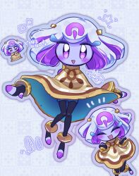  1girl bourbon_(kirby) clenched_hands closed_eyes colored_skin commentary_request highres kirby_(series) kirby_and_the_world_beyond magurozaki_tsuna master_crown multicolored_hair mysterious_girl_(kirby_and_the_world_beyond) outline purple_background purple_hair purple_outline purple_skin purple_theme rayman_limbs smile star_(symbol) star_block two-tone_hair white_hair 