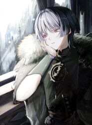  1boy armor black_shirt blunt_ends ce5_ez choppy_bangs coat coat_on_shoulders curtains elbow_rest fur-trimmed_coat fur_trim genshin_impact gold grey_coat grey_hair hair_intakes hand_on_own_face highres holding holding_sword holding_weapon japanese_armor jewelry katana kote kurokote lapels looking_to_the_side lower_eyelashes_only male_focus mandarin_collar mitsudomoe_(shape) neck_ring o-ring parted_lips portrait purple_sash red_sash sash scaramouche_(genshin_impact) scaramouche_(harbinger)_(genshin_impact) shirt sidelighting sitting solo spire sword tomoe_(symbol) train_interior tsurime violet_eyes weapon white_mouth window wolf_cut 
