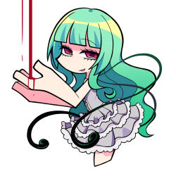  1girl ansatsu_kyoushitsu blood blood_on_hand commentary_request dress frilled_dress frills green_hair grey_dress highres kayano_kaede open_mouth red_eyes shiratamataro6 simple_background smile solo spoilers tentacles white_background 