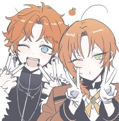  1rl1fe 2boys akehoshi_subaru bead_necklace beads black_nails black_shirt blue_eyes commentary double_v earrings ensemble_stars! fur_jacket gloves green_eyes highres jacket jewelry long_sleeves looking_at_viewer male_focus medium_hair multiple_boys multiple_necklaces multiple_rings necklace official_alternate_costume one_eye_closed open_mouth orange_hair orange_jacket ponytail puckered_lips ring shirt short_hair short_ponytail side_ponytail simple_background smile teeth tsukinaga_leo turtleneck turtleneck_shirt untranslatable_commentary upper_body upper_teeth_only v white_background white_gloves white_jacket 