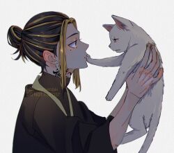  1boy animal black_hair black_shirt blonde_hair cat commentary english_commentary hair_bun hanemiya_kazutora highres holding holding_animal long_hair male_focus mole mole_under_eye multicolored_hair neck_tattoo nunusenpai shirt short_hair single_hair_bun solo tattoo tokyo_revengers turtleneck turtleneck_shirt twitter_username two-tone_hair white_background white_cat 