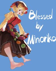  1girl absurdres aki_minoriko apple apron barefoot blonde_hair blue_background breasts character_name english_text food fruit full_body grape_hat_ornament grapes hat highres juliet_sleeves large_breasts long_sleeves mob_cap orange_eyes persimmon puffy_sleeves pumpkin red_apron red_hat short_hair smile solo sweet_potato touhou wide_sleeves wwo3302 