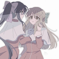  2girls arm_at_side black_hair blue_bow blue_bowtie blush_stickers bow bowtie brown_eyes brown_hair capelet closed_mouth commentary_request cowboy_shot dress green_bow green_eyes grey_outline hair_between_eyes hair_bow half_updo hand_up holding_another's_wrist ivi-x kanon kanon_school_uniform kawasumi_mai kurata_sayuri long_hair long_sleeves looking_at_another multiple_girls outline parted_lips plaid_bow ponytail profile purple_bow red_dress school_uniform sidelocks signature simple_background very_long_hair white_background white_capelet 