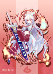  1girl adapted_costume blue_shoes bow breasts collared_shirt commentary_request fire fujiwara_no_mokou full_body greatsword grey_hair hair_bow highres holding holding_sword holding_weapon long_hair looking_at_viewer midriff multiple_hair_bows navel necktie ofuda ofuda_on_clothes pants pyrokinesis red_background red_eyes red_necktie red_pants reinobasibo shirt shoes small_breasts solo suspenders sword touhou twitter_username very_long_hair weapon white_shirt 