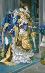  2boys 2girls absurdres aether_(genshin_impact) ahoge alternate_costume ascot balloon birthday birthday_cake blonde_hair blue_ascot blue_coat blue_flower blue_gem blue_hair blush cake cane cleaning coat commentary_request cookie cupcake dress drill_hair drill_sidelocks faceless faceless_female faceless_male flower food furina_(genshin_impact) gem genshin_impact gloves gown handkerchief happy_birthday hat hetero hiding highres holding holding_handkerchief indoors jewelry lluluchwan long_hair long_sleeves multicolored_hair multiple_boys multiple_girls navia_(genshin_impact) neuvillette_(genshin_impact) pointy_ears sidelocks streaked_hair table top_hat umbrella very_long_hair white_hair wiping yellow_dress 