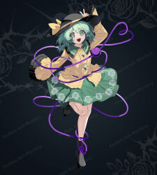  1girl :d black_boots black_hat boots bow bright_pupils buttons chinese_commentary collared_shirt commentary_request diamond_button disembodied_linked_eye eyeball floral_print frilled_shirt_collar frilled_sleeves frills full_body gguoddl green_eyes green_hair green_skirt hat hat_bow heart heart_of_string highres komeiji_koishi leg_up long_sleeves looking_at_viewer open_mouth print_skirt rose_print shirt skirt smile solo touhou white_pupils wide_sleeves yellow_bow yellow_shirt 