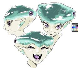  1girl art_program_in_frame blush clip_studio_paint_(medium) closed_mouth colored_skin colored_tongue cropped_shoulders fang fins fish_girl from_side half-closed_eyes hamazaki_hideki head_fins highres long_eyelashes looking_at_viewer looking_to_the_side monster_girl multiple_views open_mouth portrait princess_ruto purple_tongue sharp_teeth shiny_skin simple_background skin_fang smile teeth the_legend_of_zelda the_legend_of_zelda:_ocarina_of_time the_legend_of_zelda:_ocarina_of_time_(remake) violet_eyes white_background zora 