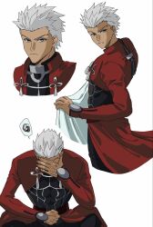  1boy archer_(fate) armor breastplate coat commentary_request covered_abs dark-skinned_male dark_skin doyobird fate/stay_night fate_(series) green_eyes highres korean_commentary male_focus messy_hair red_coat simple_background solo spiky_hair white_background white_hair 