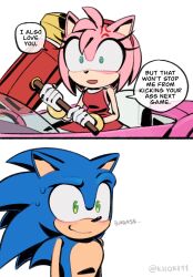  1boy 1girl amy_rose anger_vein animal_ears backless_dress backless_outfit blue_fur dress empty_eyes furry furry_female furry_male gloves green_eyes headband hedgehog_boy hedgehog_girl highres holding holding_mallet kiioki11 mallet parted_lips pink_fur red_dress red_headband sleeveless sleeveless_dress sonic_(series) sonic_racing:_crossworlds sonic_the_hedgehog sweat twitter_username white_gloves 